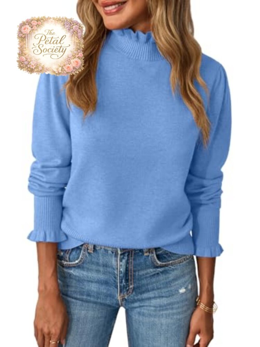 Womens Ruffle Mock Neck Sweater Puff Sleeve Knit Pullover